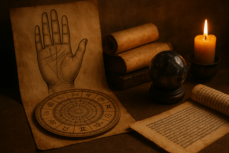Ancient tools and scrolls used by an early fortune teller.
