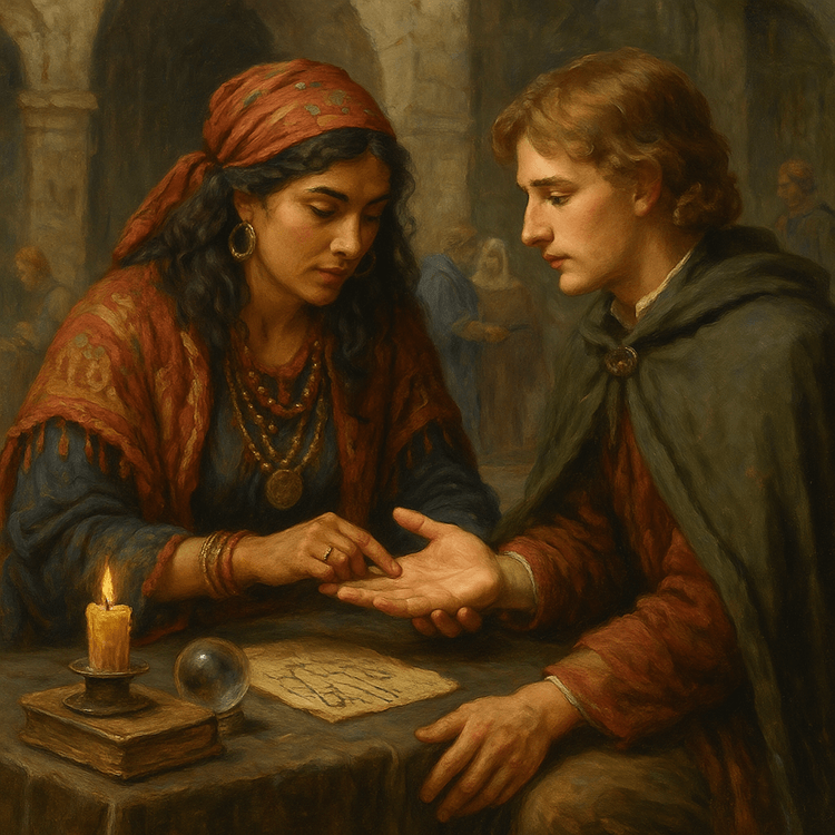 Romani fortune teller reading a man’s palm in a medieval European setting.